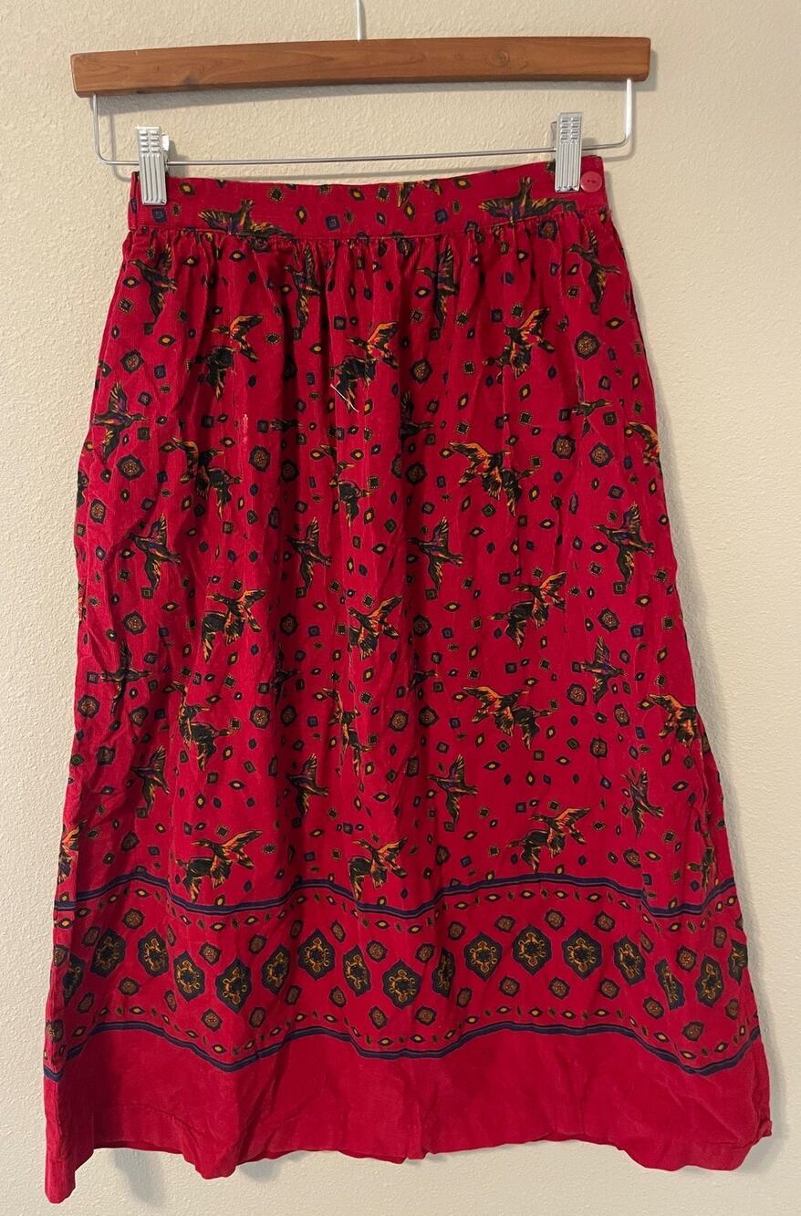 Vintage Karen Scott Skirt Womens 6 Red Corduroy Bird Duck Print Peasant Boho